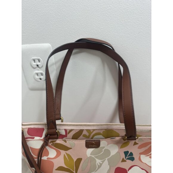 Fossil‎ Coated Canvas Tote Bag Pink Floral Leather Zip Top Shoulder Key Charm - Picture 5 of 14